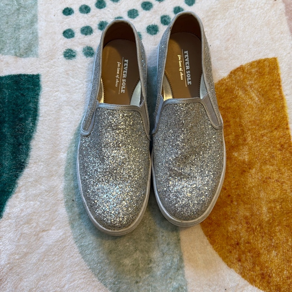 Silver sparkle glitter slide on sneakers